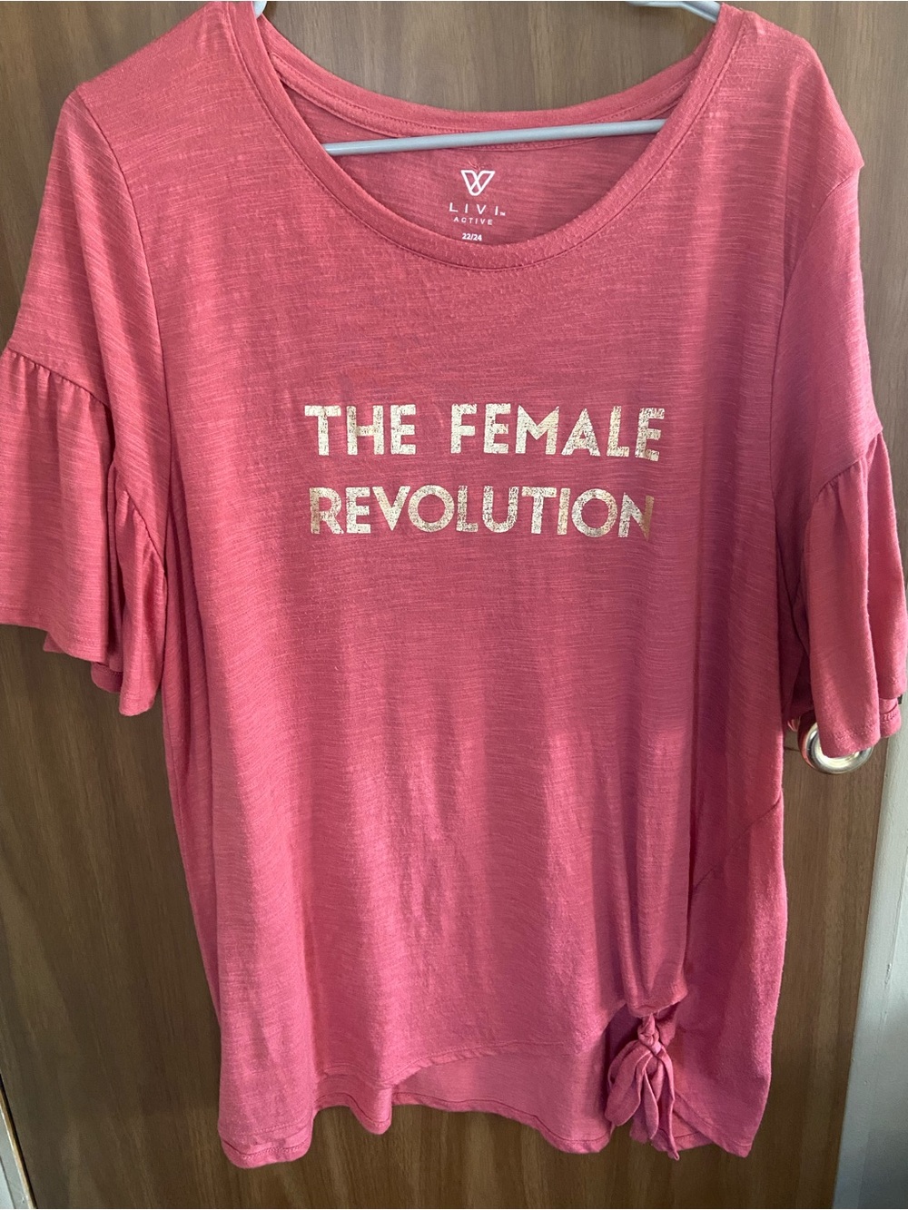 Livi Active Coral Pink Ruffle Sleeve Tee with Metallic Text
